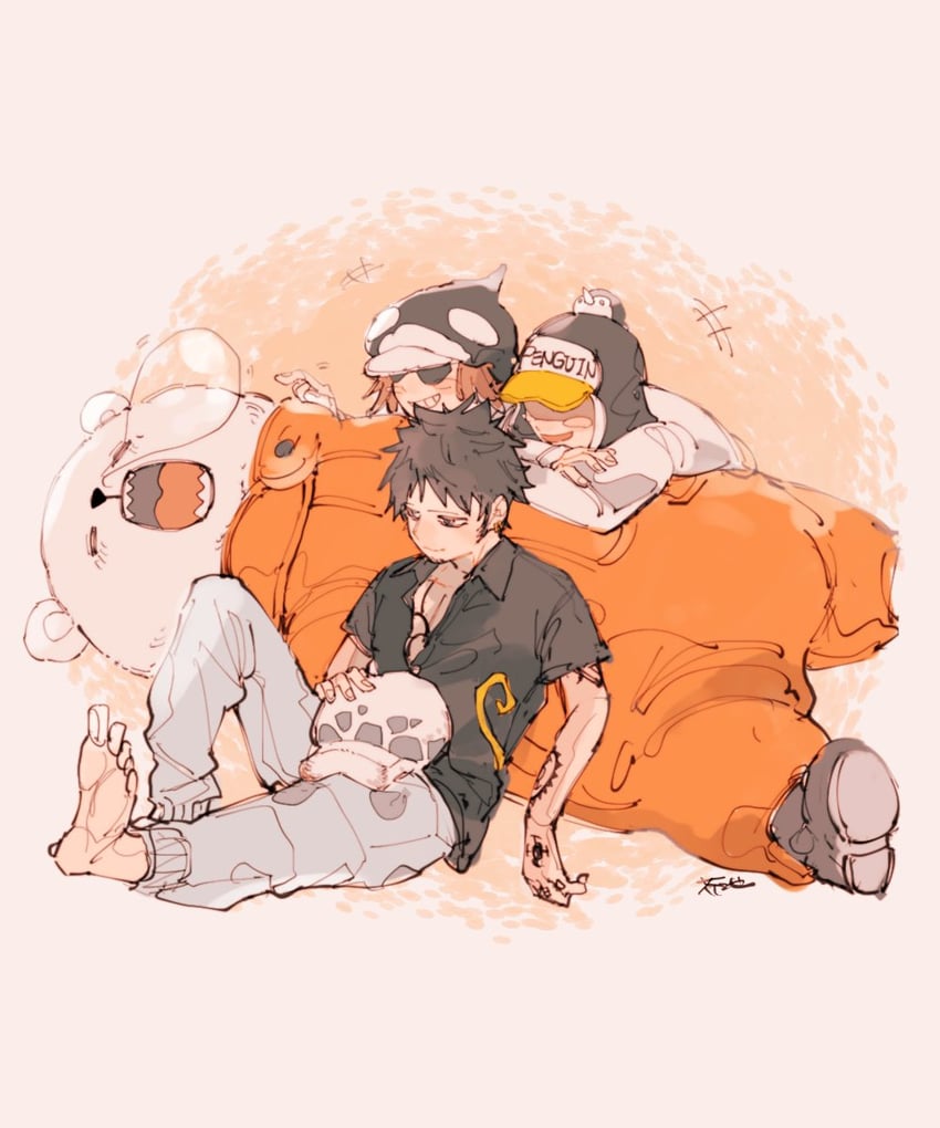 trafalgar law, bepo, and shachi (one piece) drawn by akuta_ji