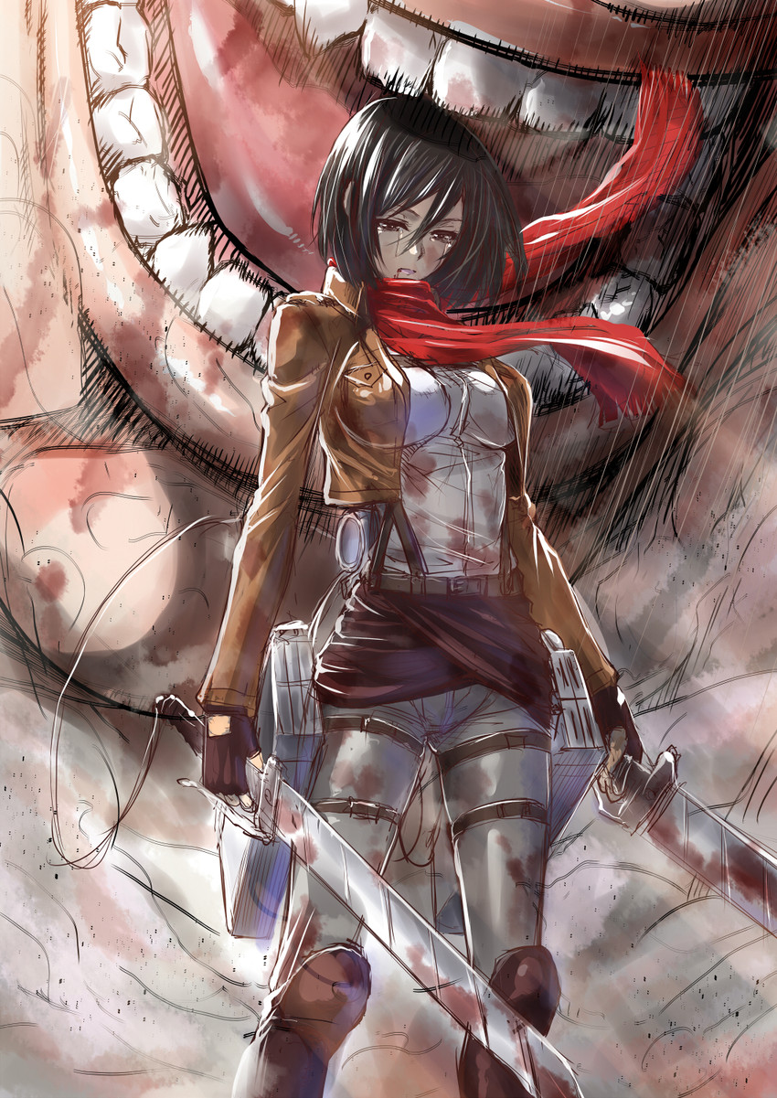 mikasa ackerman and titan (shingeki no kyojin) drawn by zucchini