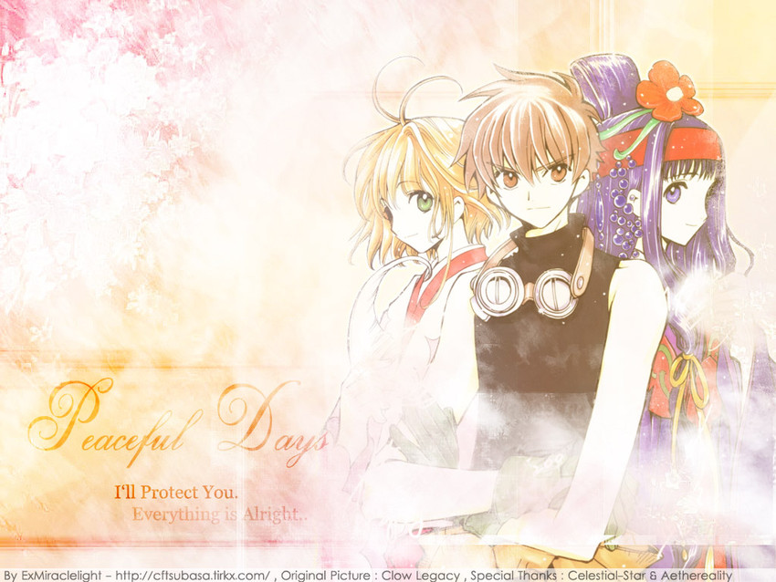 sakura hime, xiaolang, and tomoyo hime (tsubasa chronicle) drawn by clamp_(circle)