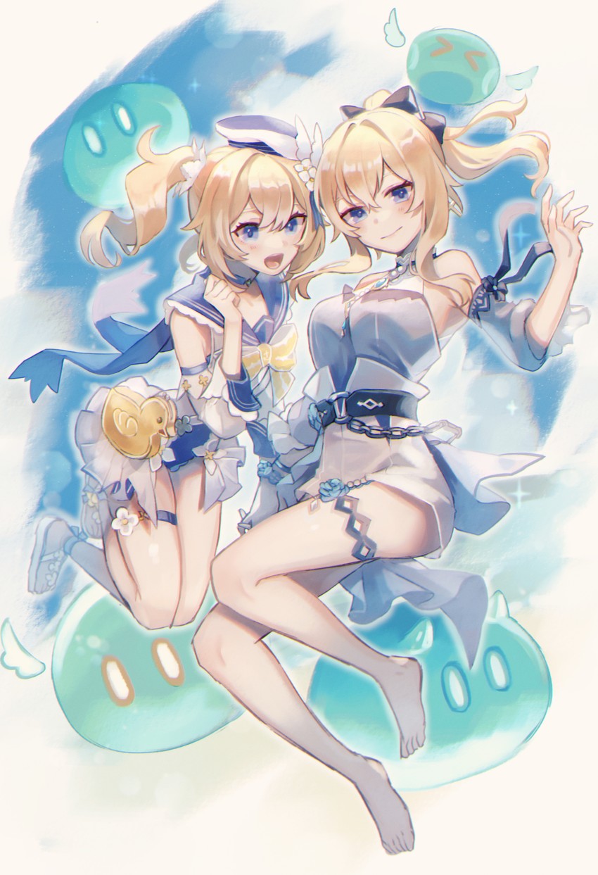 barbara, jean, slime, hydro slime, and anemo slime (genshin impact) drawn by kino_(m6t2a)