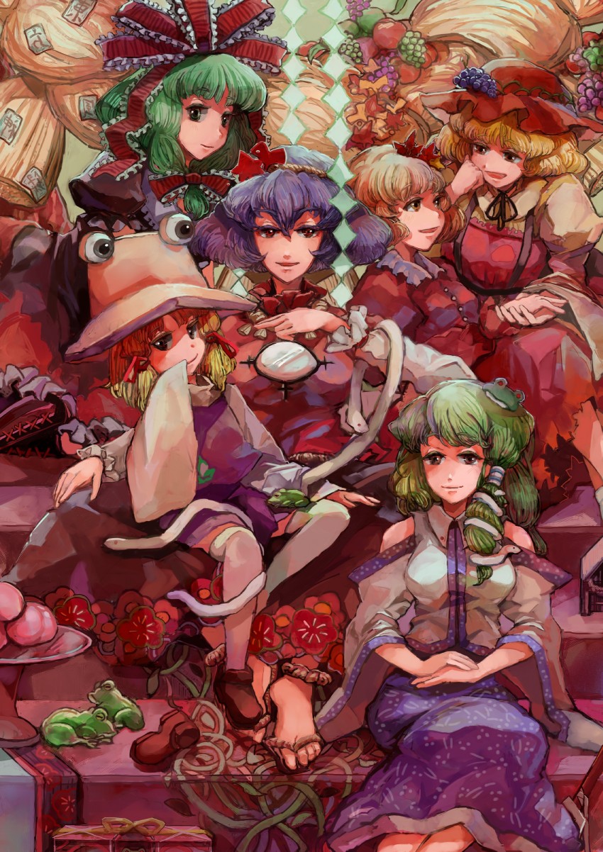 kochiya sanae, moriya suwako, yasaka kanako, kagiyama hina, aki minoriko, and 1 more (touhou and 1 more) drawn by shime_mura