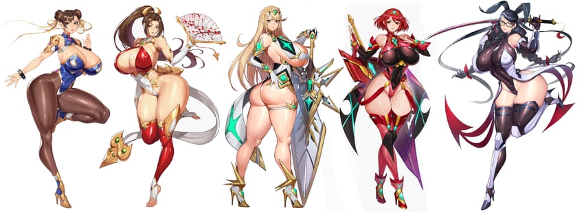 pyra, chun-li, mythra, shiranui mai, bayonetta, and 1 more (street fighter and 8 more) drawn by gurimjang