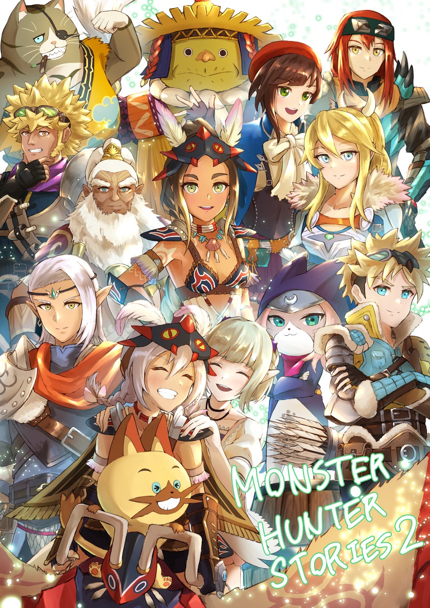 felyne, rathalos, kayna, tsukino, ena, and 6 more (monster hunter and 2 more) drawn by anzo_(anzu_elichi0928)