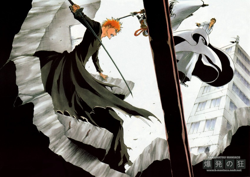 kurosaki ichigo, aizen sousuke, ichimaru gin, and tousen kaname (bleach)