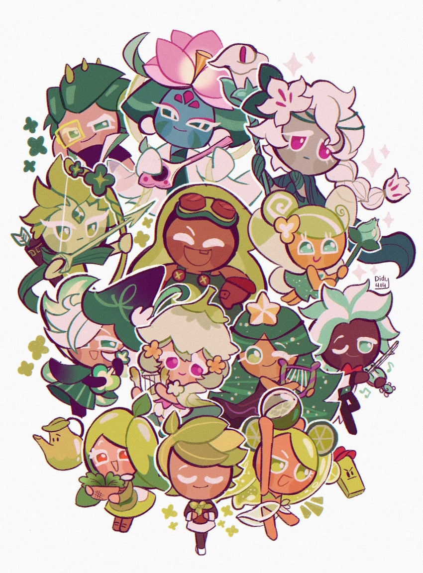 white lily cookie, herb cookie, mint choco cookie, lotus dragon cookie, lime cookie, and 10 more (cookie run and 2 more) drawn by didy414