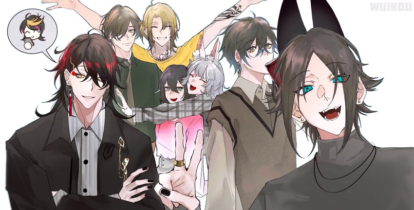 ike eveland, vox akuma, luca kaneshiro, nina kosaka, shu yamino, and 3 more (nijisanji and 2 more) drawn by wu1kou
