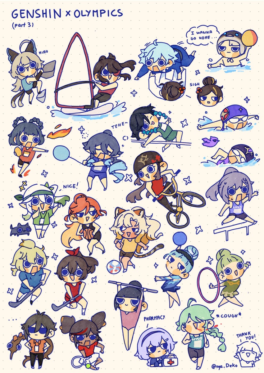 hu tao, nahida, zhongli, mona, keqing, and 19 more (genshin impact and 2 more) drawn by nya_deko