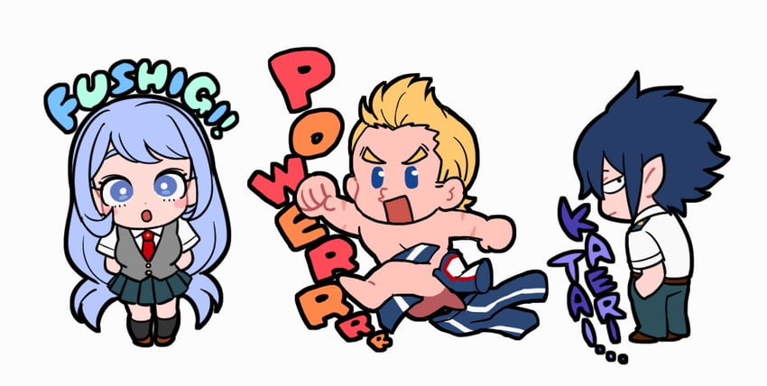 hado nejire, togata mirio, and amajiki tamaki (boku no hero academia) drawn by mommorua