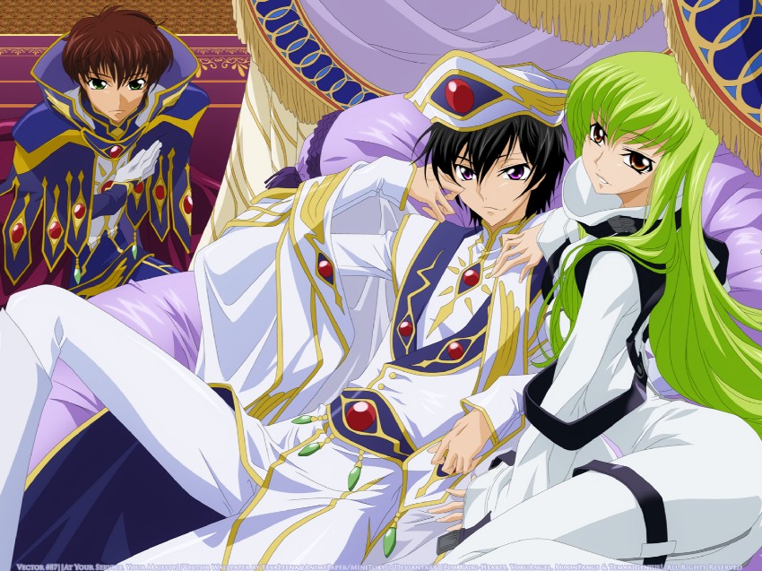 c.c., lelouch vi britannia, and kururugi suzaku (code geass)