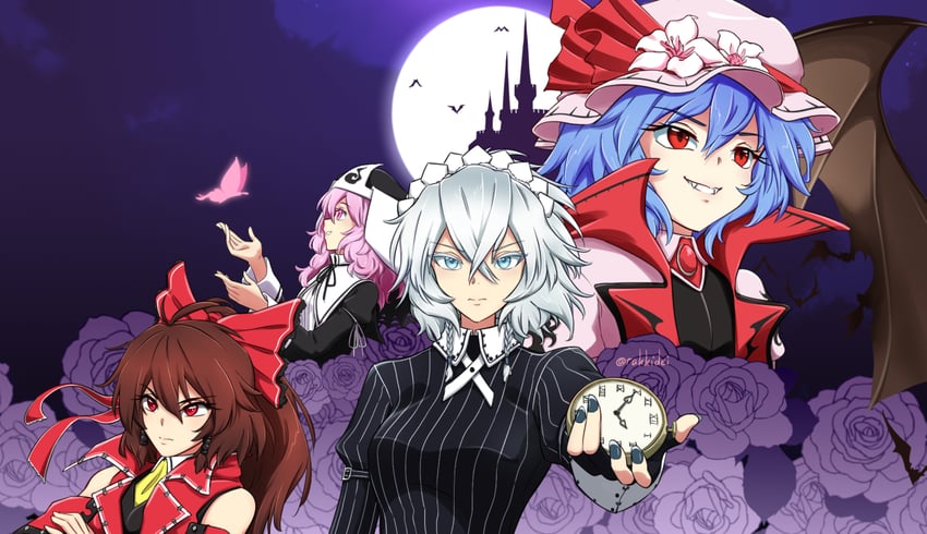 hakurei reimu, remilia scarlet, izayoi sakuya, and saigyouji yuyuko (touhou and 4 more) drawn by rakkidei