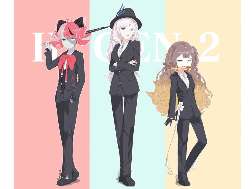 kureiji ollie, pavolia reine, and anya melfissa (hololive and 1 more) drawn by namiorii