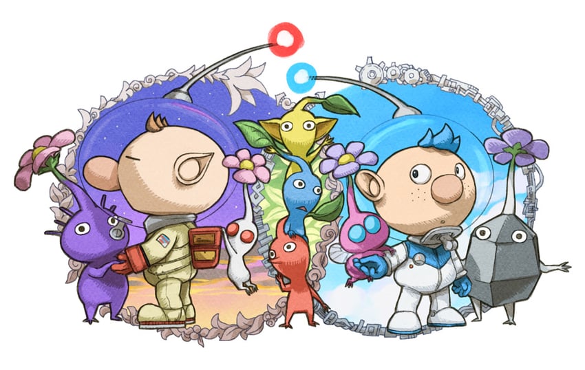 red pikmin, olimar, yellow pikmin, blue pikmin, purple pikmin, and 4 more (pikmin) drawn by naru_(wish_field)