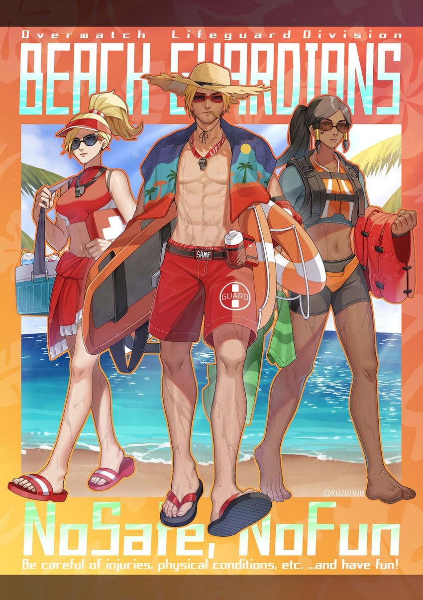 mercy, pharah, cassidy, lifeguard cassidy, lifeguard mercy, and 1 more (overwatch and 2 more) drawn by kuzunue
