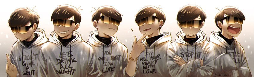 matsuno osomatsu, matsuno karamatsu, matsuno ichimatsu, matsuno jyushimatsu, matsuno choromatsu, and 1 more (osomatsu and 2 more) drawn by meoon