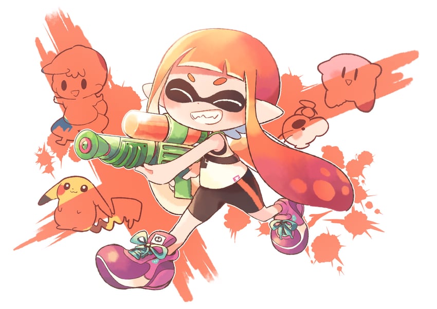 inkling player character, pikachu, inkling girl, kirby, ness, and 2 more (pokemon and 5 more) drawn by hitofutarai