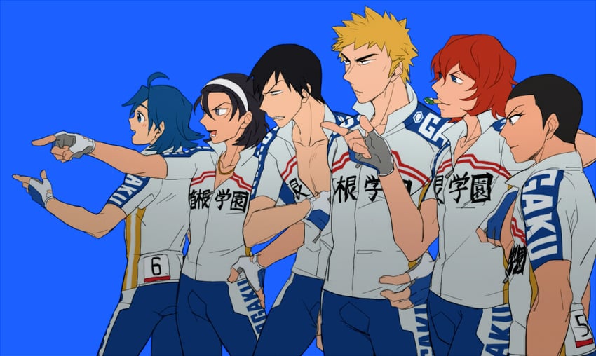 toudou jinpachi, manami sangaku, arakita yasutomo, shinkai hayato, izumida touichirou, and 1 more (yowamushi pedal) drawn by azkn