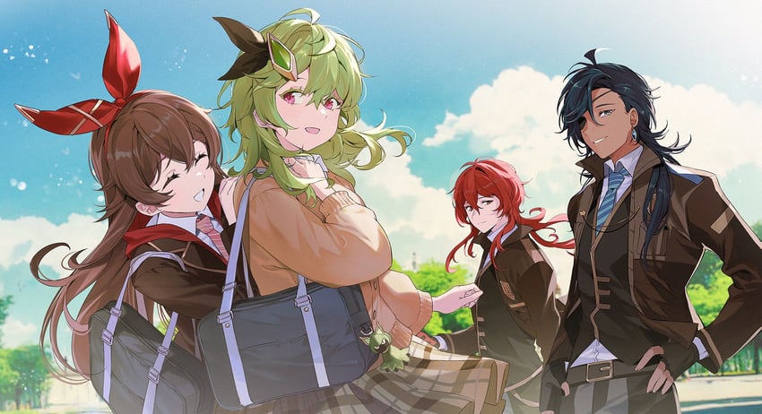 diluc, amber, kaeya, collei, and cuilein-anbar (genshin impact) drawn by mizuyo