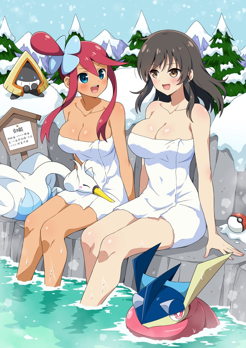 skyla, greninja, asuka, and swanna (pokemon and 4 more) drawn by eggman_(ni_tamagoex)