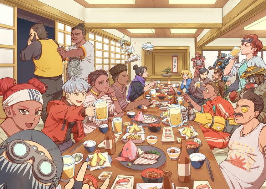 wattson, wraith, crypto, octane, valkyrie, and 15 more (apex legends) drawn by kogane_mushi
