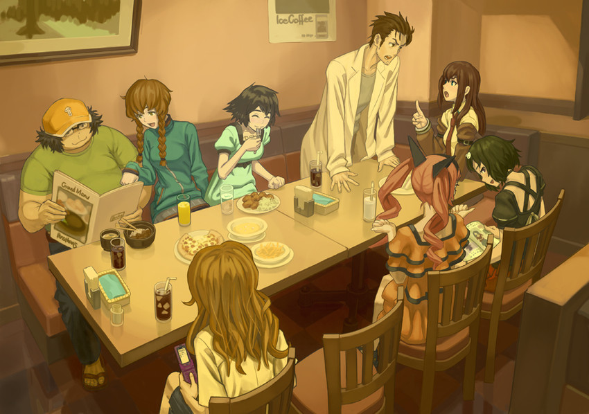 makise kurisu, okabe rintarou, shiina mayuri, amane suzuha, urushibara ruka, and 3 more (steins;gate) drawn by m_george