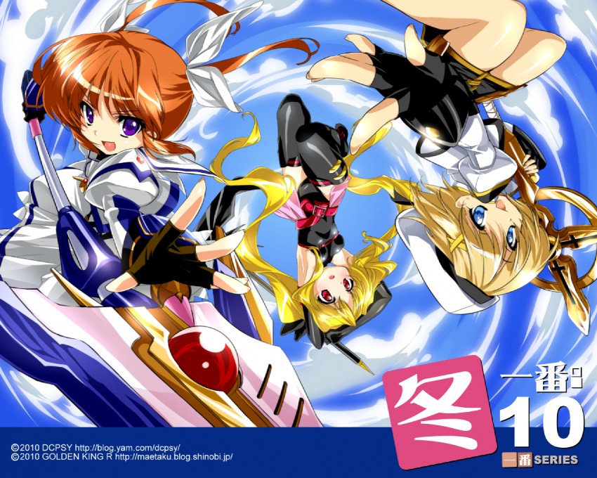 fate testarossa, takamachi nanoha, yagami hayate, raising heart, bardiche, and 1 more (lyrical nanoha and 3 more) drawn by maetaku