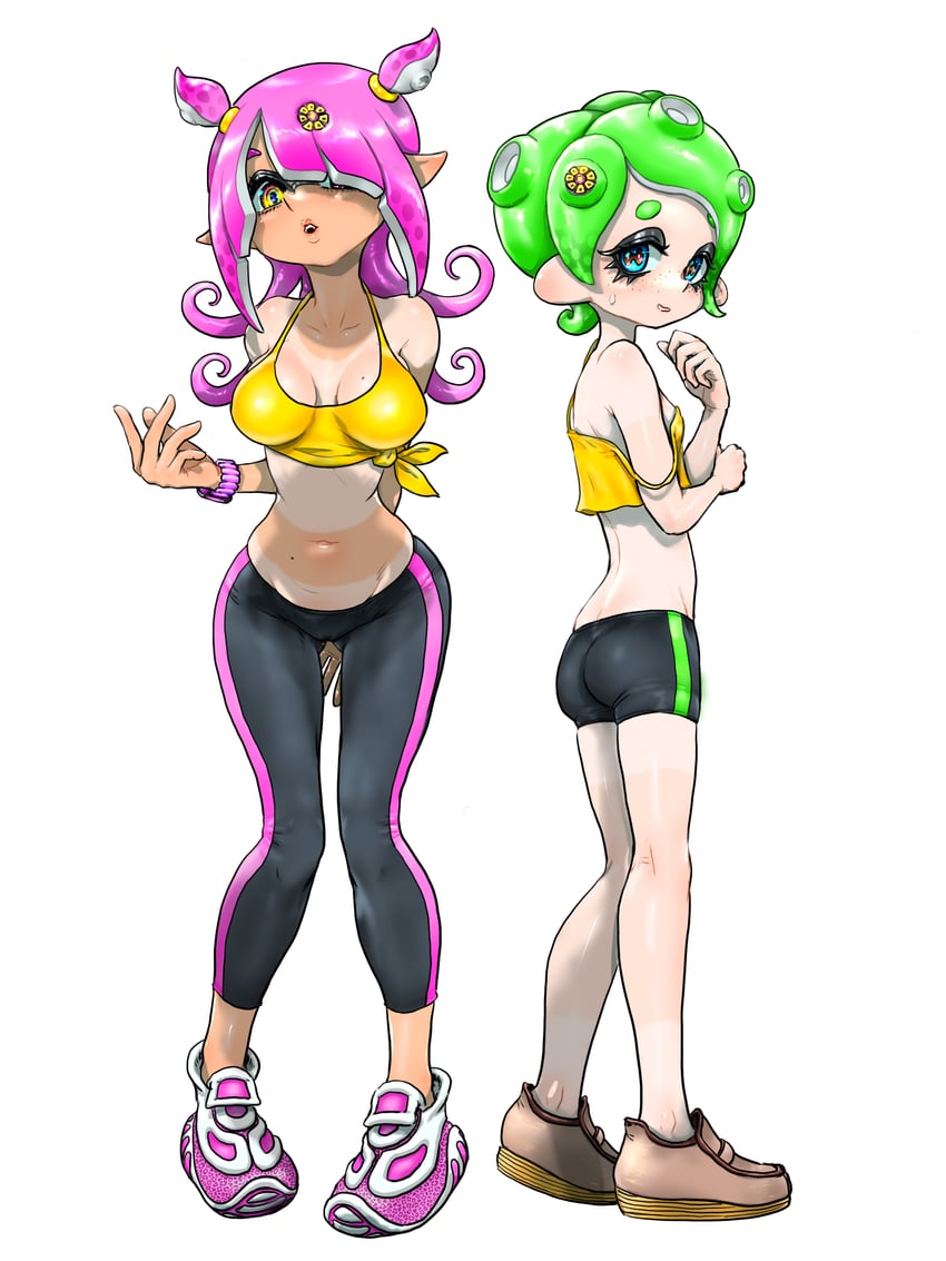 inkling player character, inkling girl, octoling player character, and octoling girl (splatoon) drawn by koharu2.5