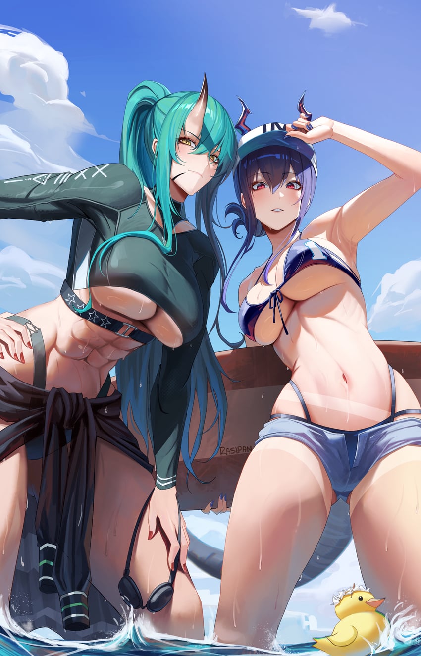 ch'en, hoshiguma, and ch'en the holungday (arknights) drawn by rasipan
