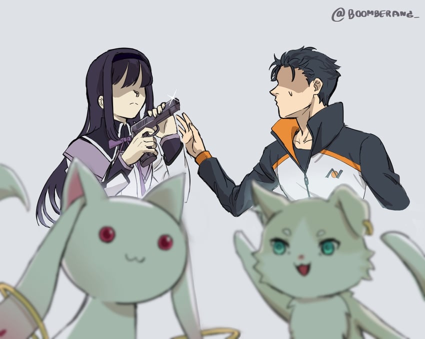 akemi homura, kyubey, natsuki subaru, and puck (mahou shoujo madoka magica and 1 more) drawn by boomberang