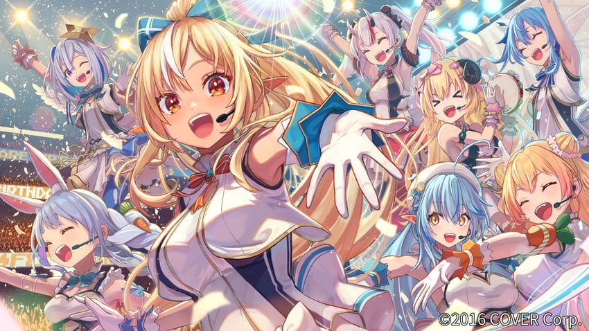 hoshimachi suisei, usada pekora, amane kanata, yukihana lamy, nakiri ayame, and 3 more (hololive) drawn by sakumichi