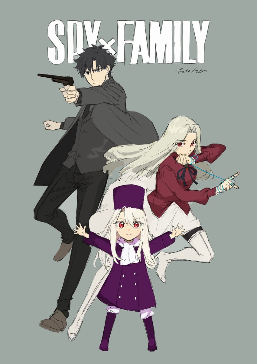 illyasviel von einzbern, emiya kiritsugu, and irisviel von einzbern (fate and 2 more) drawn by forzen