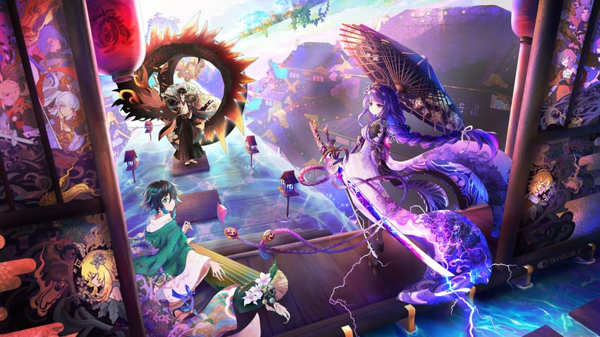 lumine, raiden shogun, aether, yae miko, zhongli, and 7 more (genshin impact) drawn by traveller_q