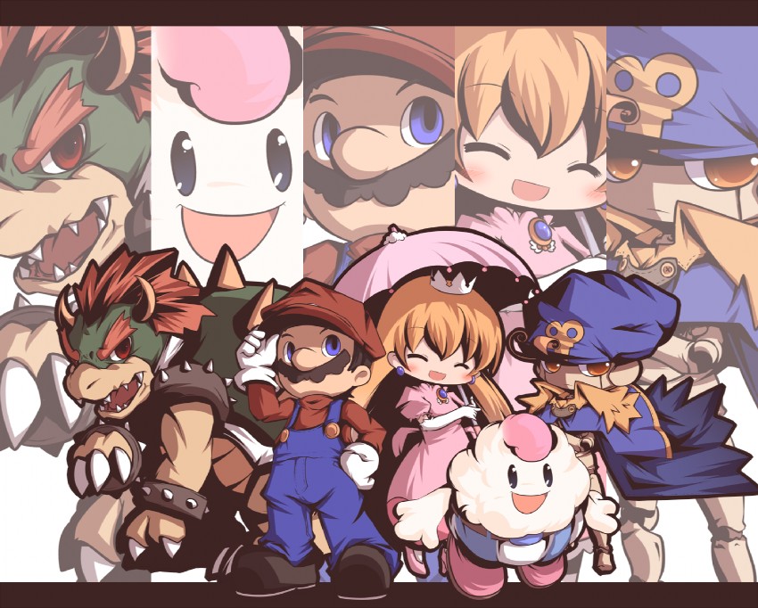 princess peach, mario, bowser, geno, and mallow (mario and 1 more) drawn by mori_no_kaeru