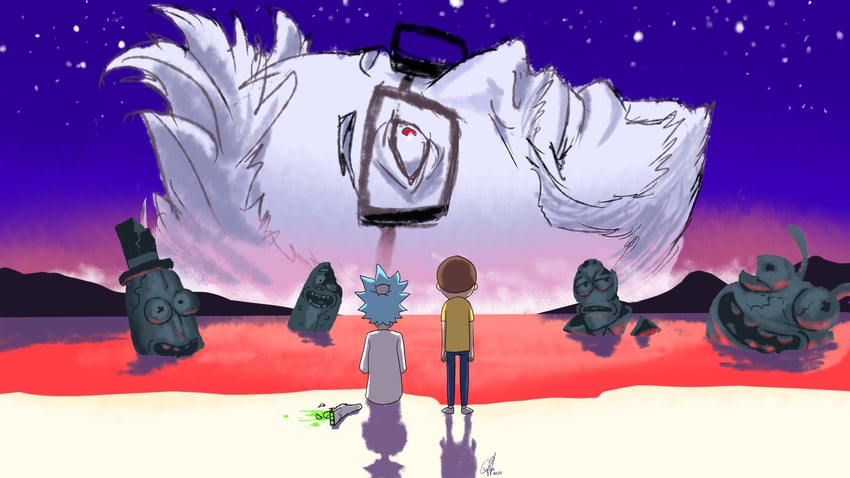 rick sanchez, morty smith, pickle rick, mr. poopybutthole, justin roiland, and 1 more (neon genesis evangelion and 3 more) drawn by triple-q