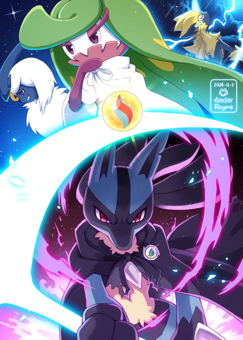 lucario, absol, tsareena, and zeraora (pokemon) drawn by atelier_rhyme