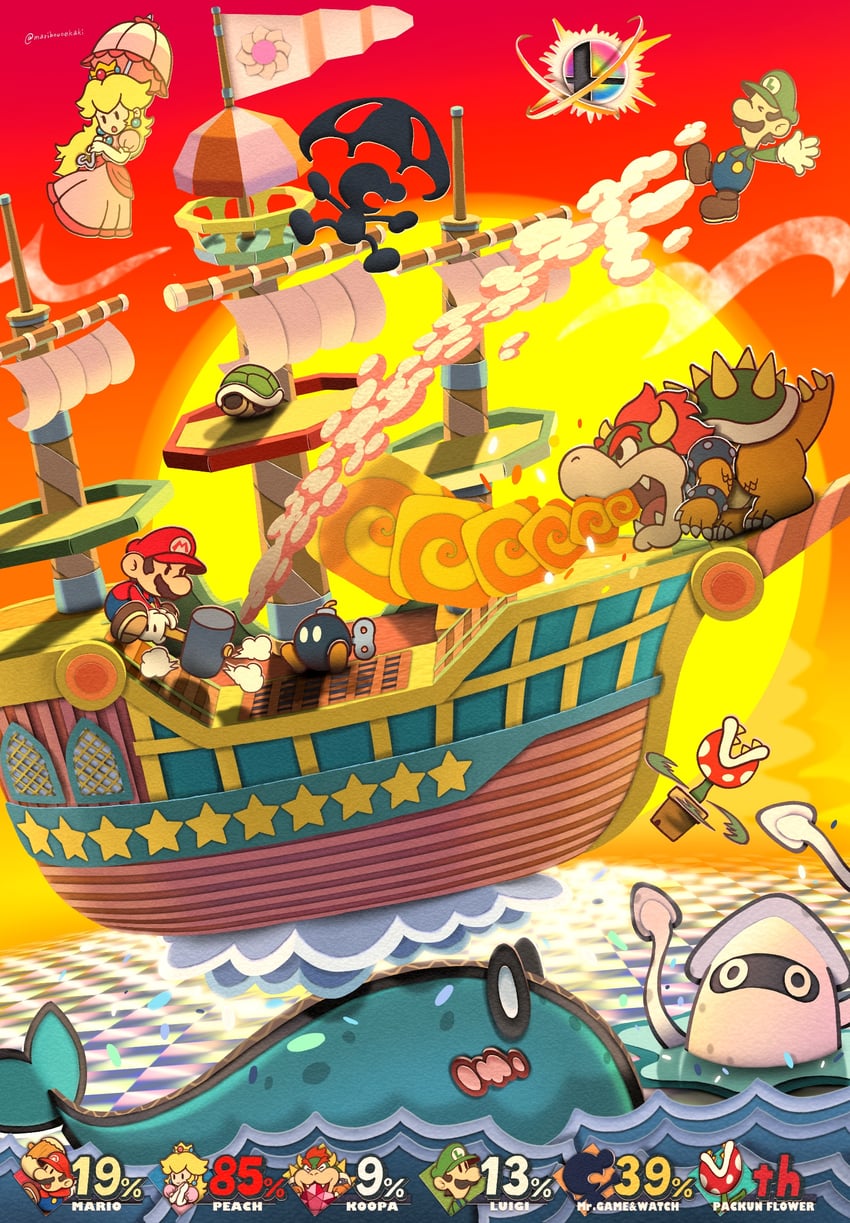 princess peach, mario, luigi, bowser, piranha plant, and 7 more (mario and 3 more) drawn by maribou_(supermaribou)