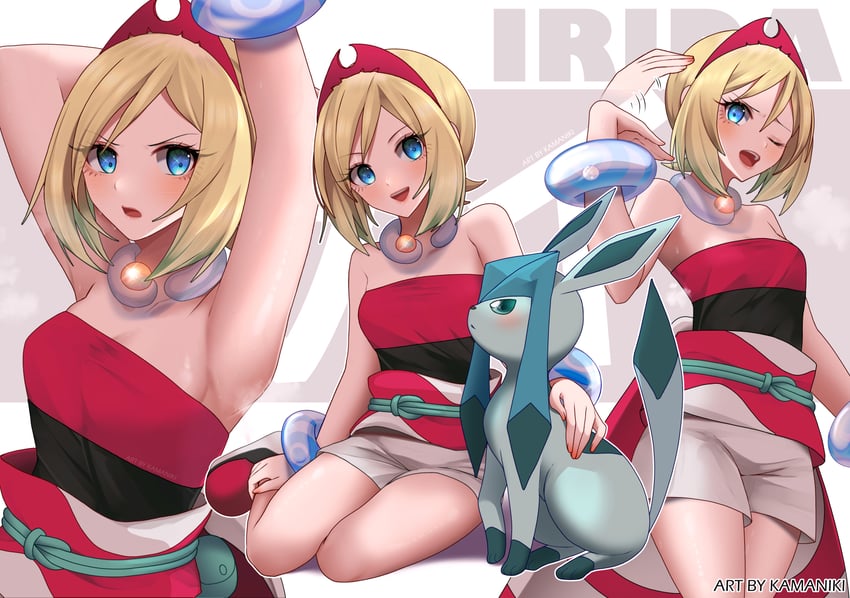 glaceon and irida (pokemon and 1 more) drawn by kamaniki
