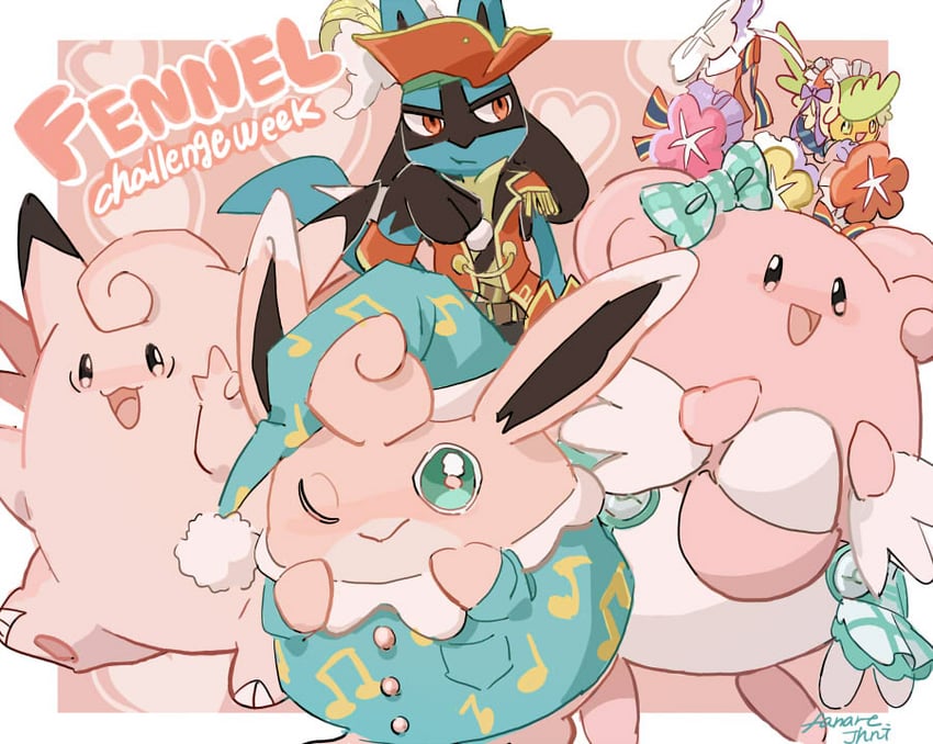 lucario, wigglytuff, comfey, clefable, and blissey (pokemon and 1 more) drawn by n5947136332810