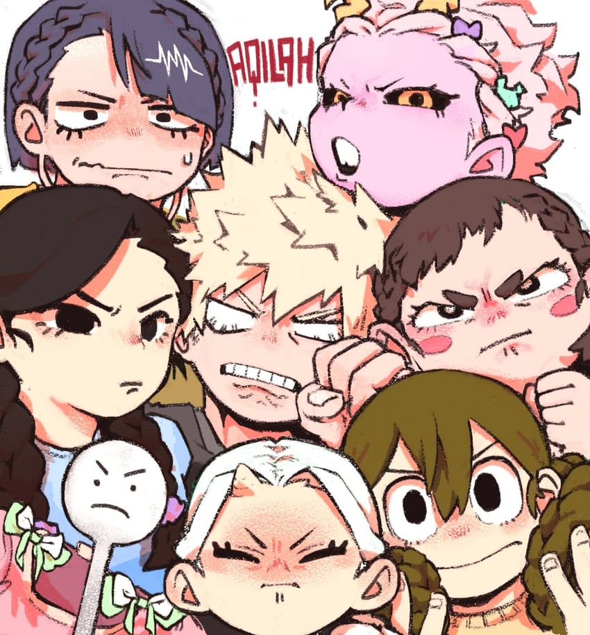 bakugou katsuki, uraraka ochaco, asui tsuyu, yaoyorozu momo, ashido mina, and 3 more (boku no hero academia) drawn by aqilah.exe