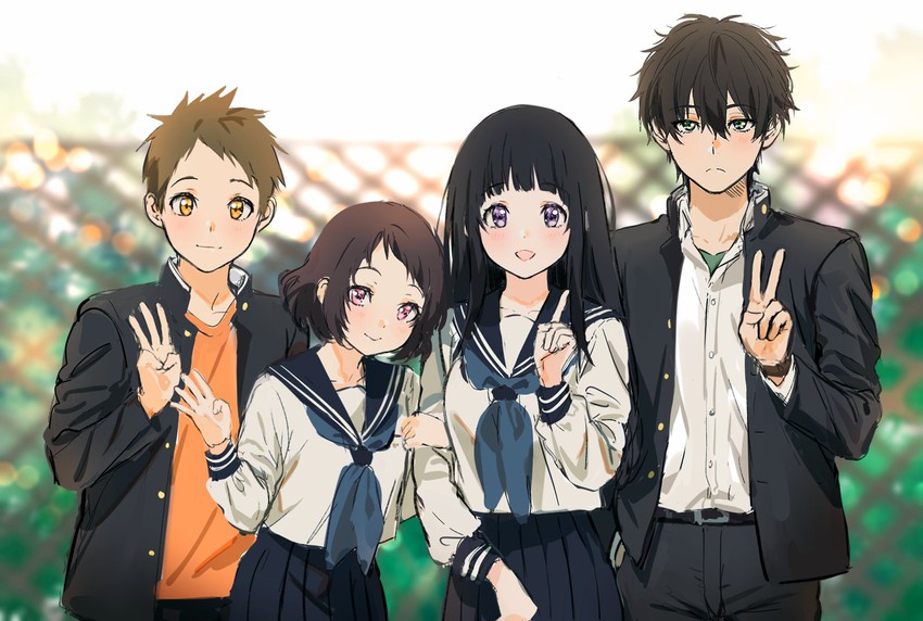 chitanda eru, oreki houtarou, ibara mayaka, and fukube satoshi (hyouka) drawn by mery_(yangmalgage)