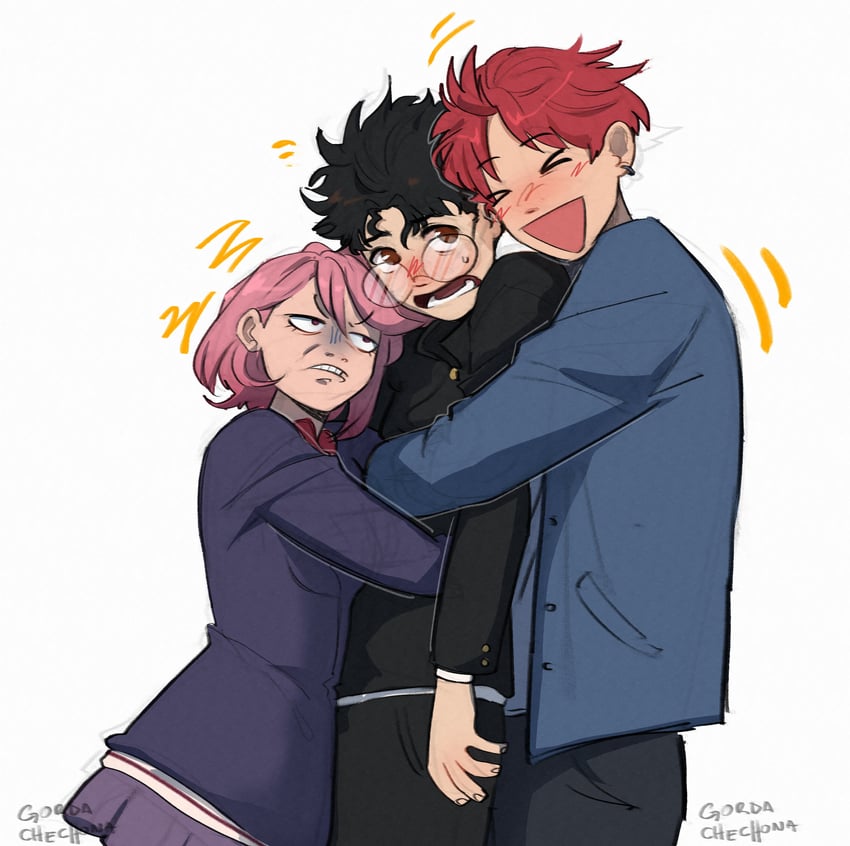 takakura ken, shiratori aira, and enjoji jin (dandadan) drawn by gordachechona