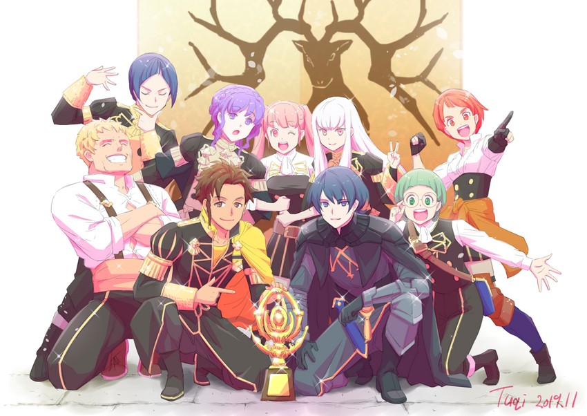 hilda valentine goneril, male byleth, lysithea von ordelia, marianne von edmund, claude von riegan, and 4 more (fire emblem and 1 more) drawn by tuqi_pix