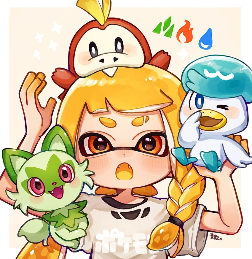 inkling player character, inkling girl, sprigatito, fuecoco, quaxly, and 1 more (pokemon and 2 more) drawn by aoaza_83