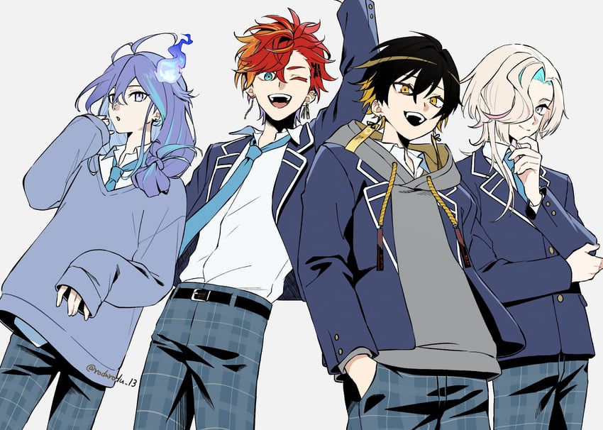 yatogami fuma, minase rio, utsugi uyu, and hizaki gamma (holostars) drawn by rozu_ki