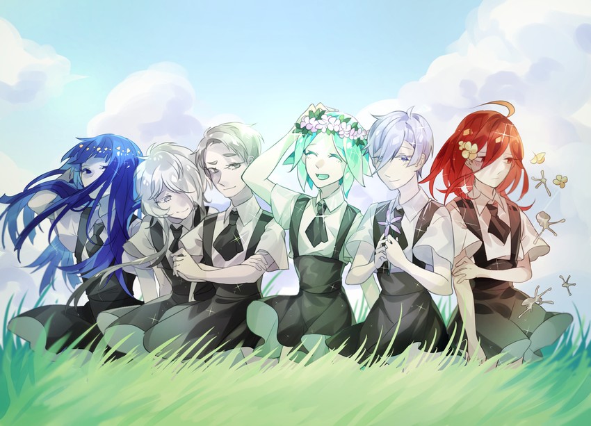 phosphophyllite, cinnabar, lapis lazuli, antarcticite, cairngorm, and 1 more (houseki no kuni) drawn by yuyu_qianlan