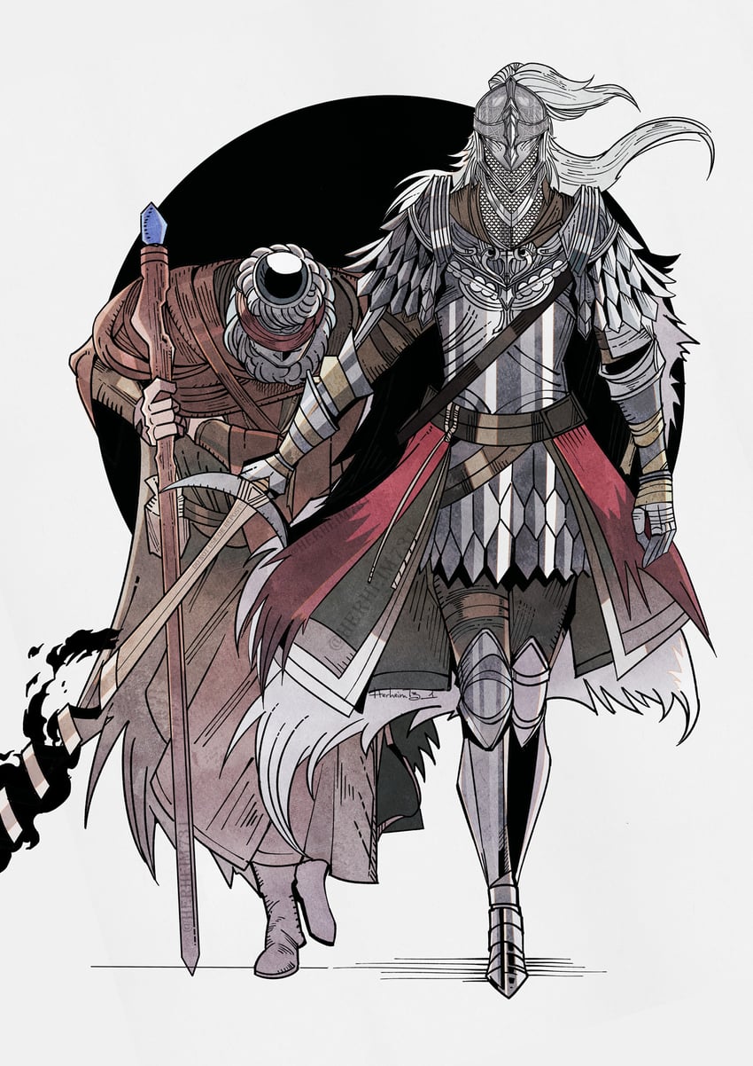 vargram the raging wolf and errant sorcerer wilhelm (elden ring) drawn by herheim