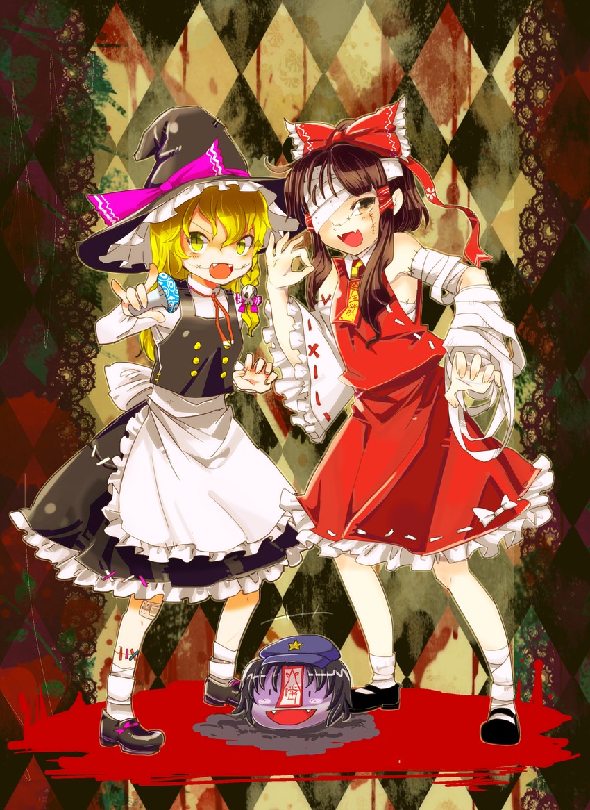 hakurei reimu, kirisame marisa, and miyako yoshika (touhou) drawn by chamaruk