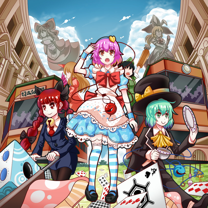 hakurei reimu, kirisame marisa, komeiji koishi, komeiji satori, kaenbyou rin, and 3 more (touhou and 1 more) drawn by fuente