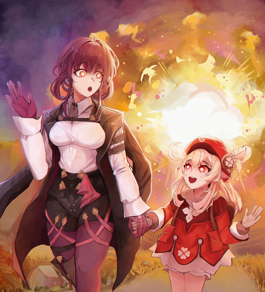 kafka and klee (genshin impact and 3 more) drawn by serialflakes