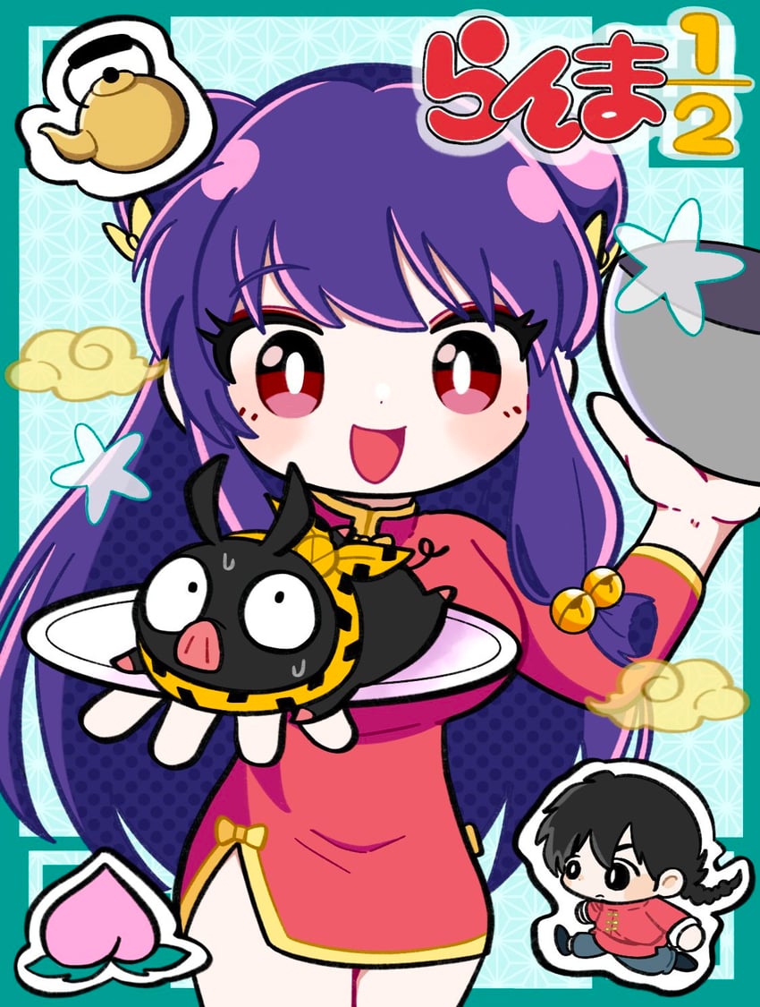 shampoo, saotome ranma, and p-chan (ranma 1/2) drawn by mesa_zzz