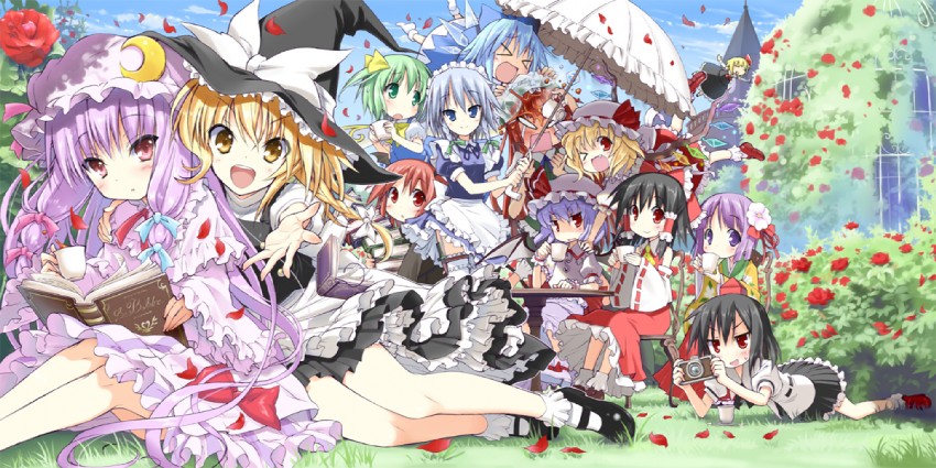 hakurei reimu, kirisame marisa, remilia scarlet, flandre scarlet, izayoi sakuya, and 8 more (touhou and 1 more) drawn by takahashi_tetsuya